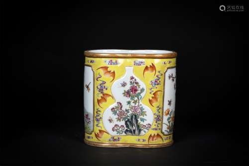 A Chinese Yellow Glazed Famille-Rose Porcelain Brush Pot