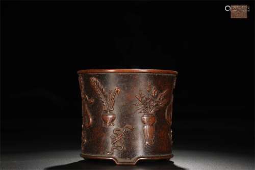 A Chinese Bronze Incense Brush Pot