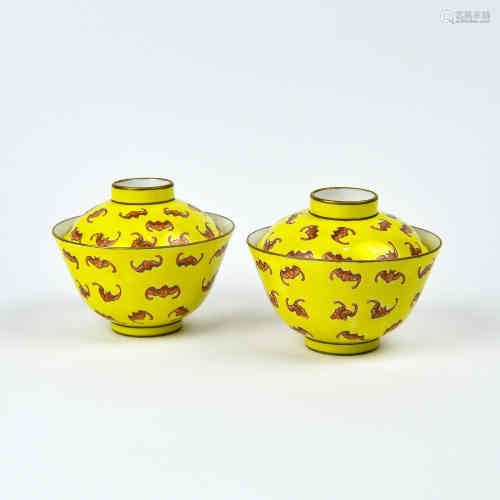 A Pair of Chinese Yellow Ground Red Glazed Porcelain Tea Cups with Covers
