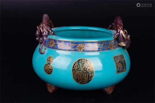 A Chinese Blue Glazed Porcelain Incense Burner