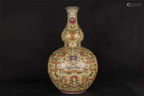 A Chinese Yellow Glazed Famille-Rose Porcelain Double Gourd Vase
