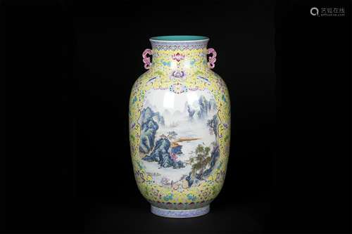 A Chinese Yellow Ground Famille-Rose Porcelain Vase