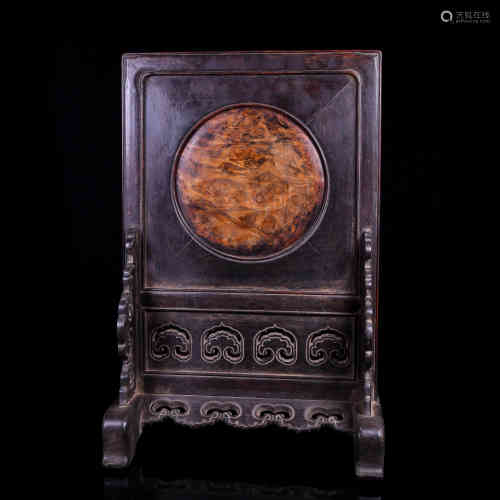 A Chinese Carved Zitan Table Screen with Inlaid