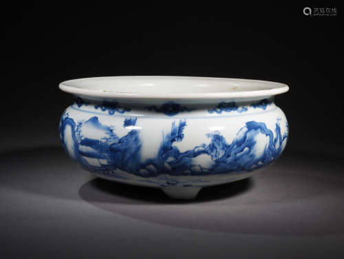 A  BLUE AND  WHITE  THREE-LEGGED FURNACE   PAINTED  WITH  LANDSCAPE AND CHARACTERS  IN  QING KANGXI  PERIOD