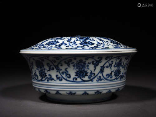 A BLUE AND WHITE LOTUS SCROLL BOWL, XUANDE PERIOD