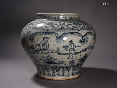 A BLUE AND WHITE FIGURAL JAR, 16TH CENTURY