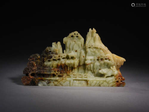 A QING  DYNASTY JADE  STONE  MOUNTAINS  WITH  LANDSCAPE  AND  CHARACTERS