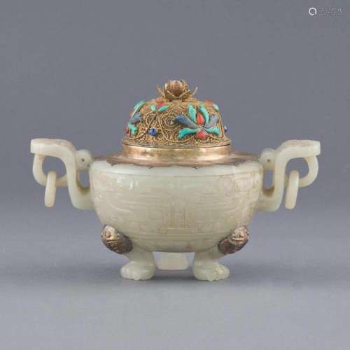 JADE CARVED CENSER & FILIGREE INLAID COVER