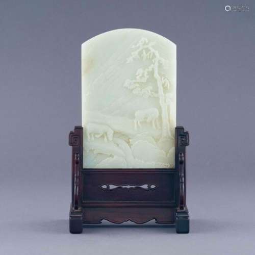 WHITE JADE CARVED LANDSCAPE TABLE SCREEN