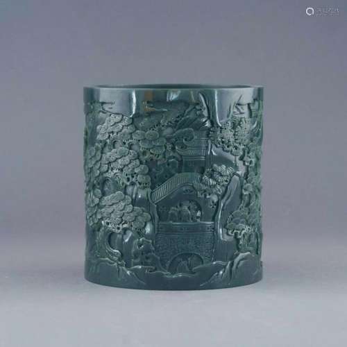 GREEN JADE CARVED LANDSCAPE BRUSH POT