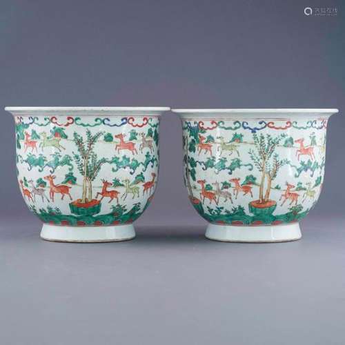 PAIR MING WUCAI HUNDRED DEER PLANT POTS