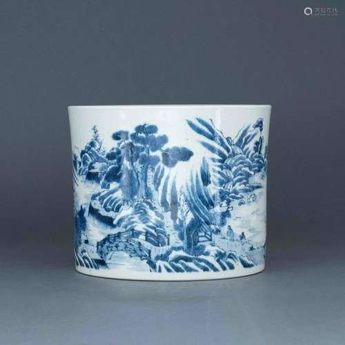 KANGXI BLUE & WHITE LANDSCAPE BRUSH POT