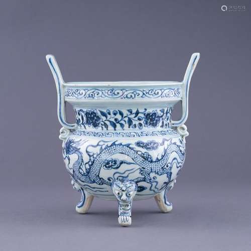 YUAN BLUE & WHITE DRAGON PORCELAIN CENSER