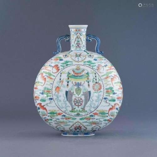 QIANLONG DOUCAI BUDDHIST EMBLEMS MOON VASE