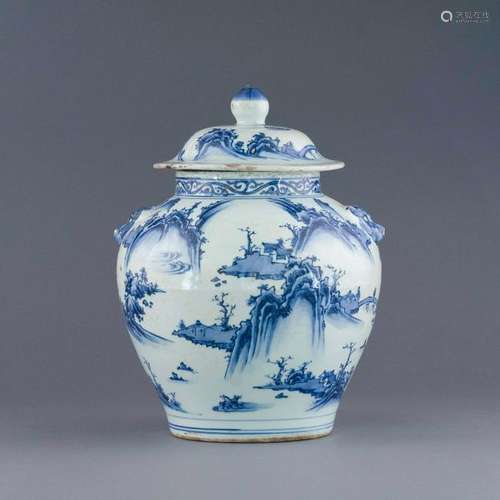 QING BLUE & WHITE LANDSCAPE LIDDED JAR