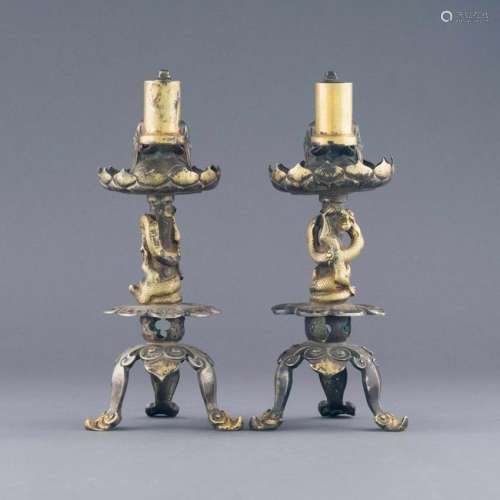 RARE PAIR OF LIAO DYNASTY GILT SILVER CANDLE STANDS