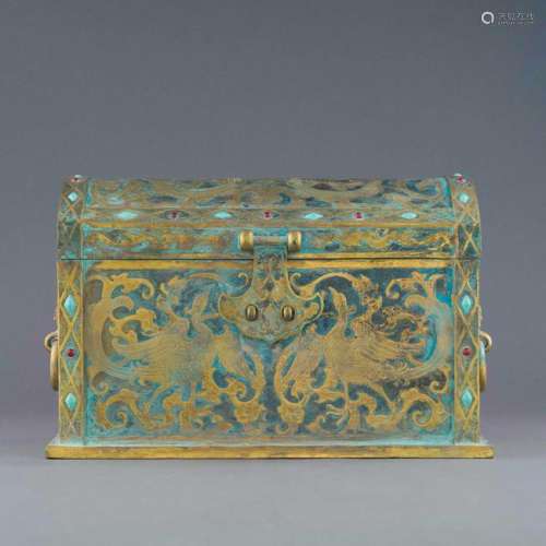 HAN DYNASTY STONES INLAID GILT BRONZE SQUARE BOX