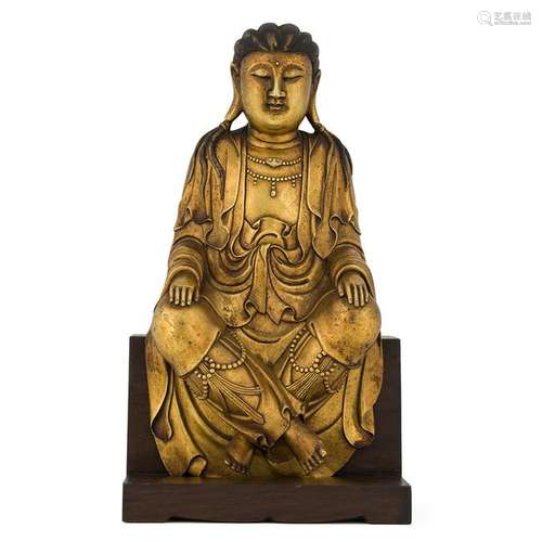 MING GILT BRONZE GAUTAMA BUDDHA ON WOODEN STAND