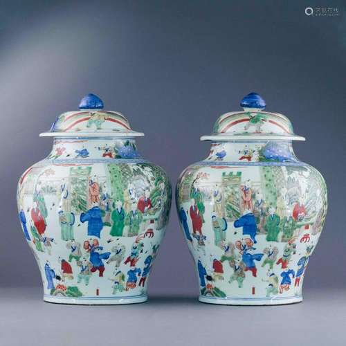 PAIR QING WUCAI HUNDRED BOYS GENERAL HELMET JARS