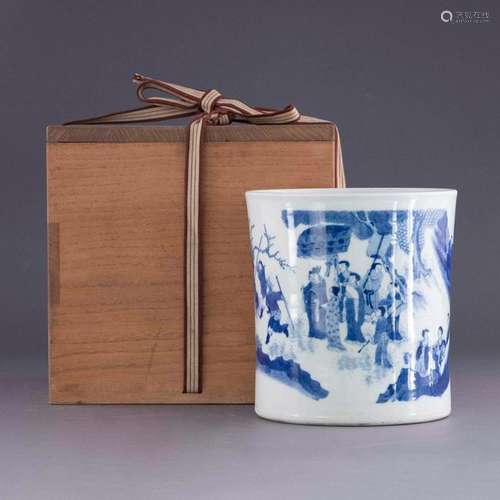 MING BLUE & WHITE LANDSCAPE BRUSH POT IN WOODEN BOX