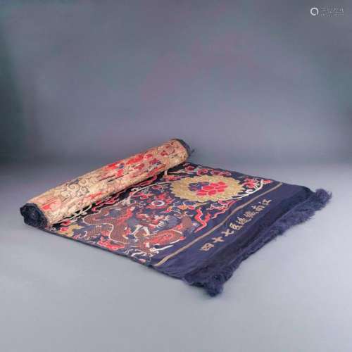 19TH C CHINESE EMBROIDERY DRAGON BLUE SILK ROLL