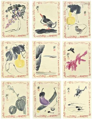 SET OF 9 CHINESE PAINTINGS OF FLORAL & FAUNA