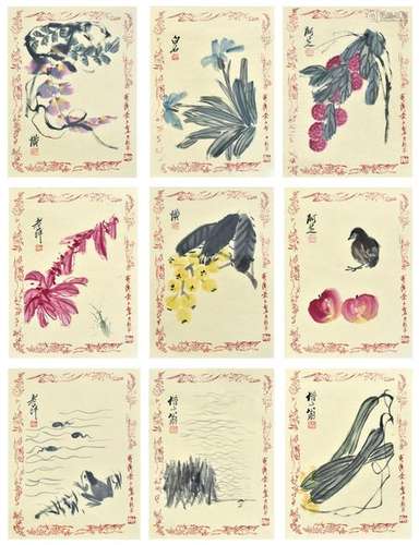 SET OF 9 CHINESE PAINTINGS OF FLORAL & FAUNA