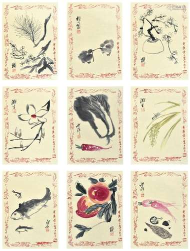 SET OF 9 CHINESE PAINTINGS OF FLORAL & FAUNA