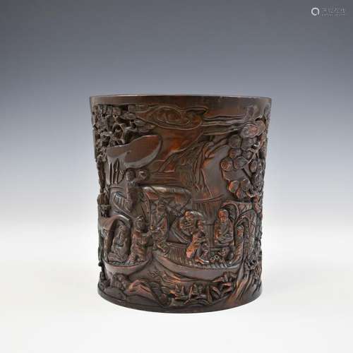 CARVED ZITAN BRUSH POT WITH FISHERMAN MOTIF