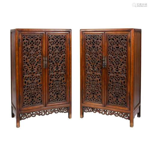 PAIR CHINESE HUANGHUALI PIERCED DOUBLE DOOR CABINETS