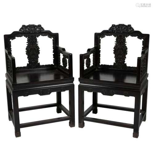 PAIR OF ANTIQUE CHINESE CARVED ZITAN MASTER CHAIRS