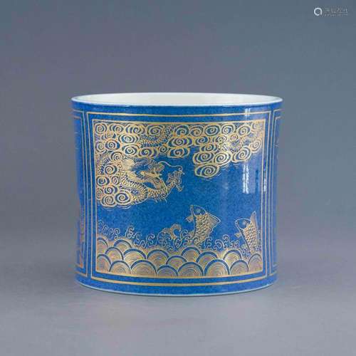 KANGXI GILT OVER BLUE MONOCHROME BRUSH POT