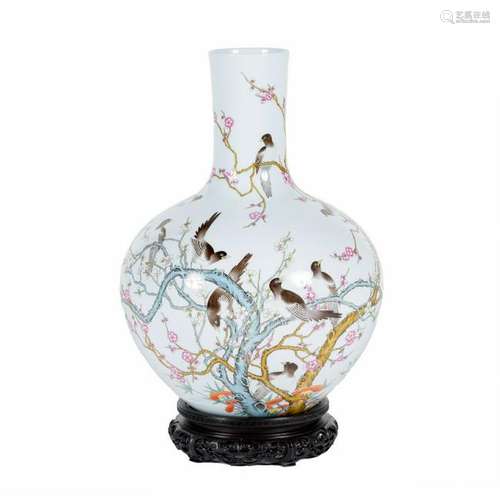 QIANLONG MAGPIE & PRUNUS REWARD VASE ON STAND