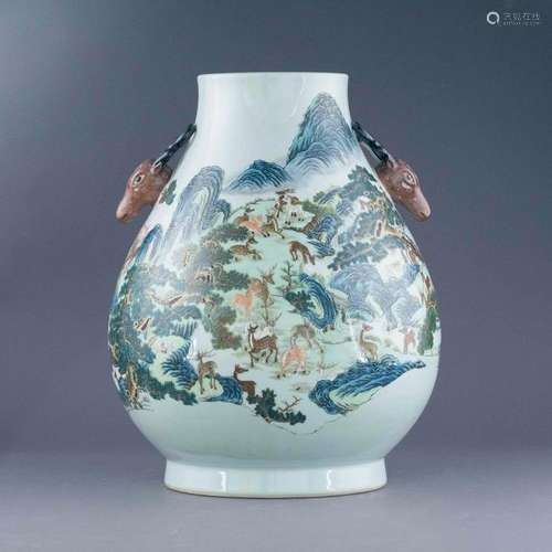 QIANLONG FAMILLE ROSE HUNDRED DEER ZUN VASE