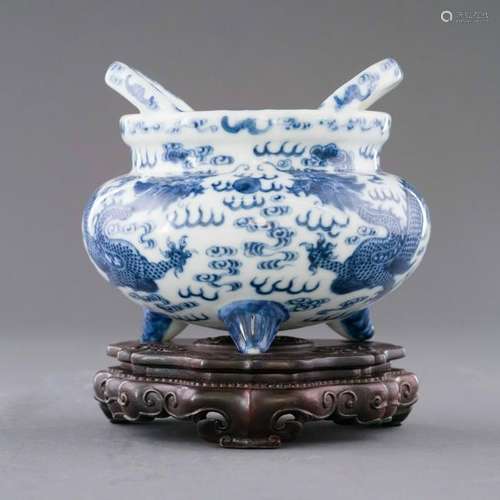 QIANLONG BLUE & WHITE DRAGON CENSER ON STAND