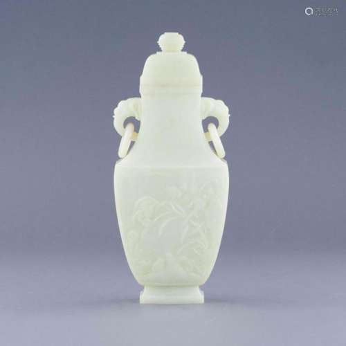 LARGE WHITE JADE CARVED LIDDED VASE