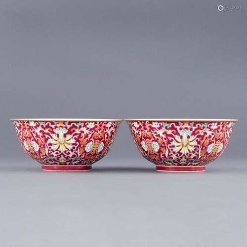 PAIR QIANLONG RUBY RED FLORAL BOWLS