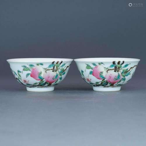 PAIR YONGZHENG FAMILLE ROSE FU BATS & PEACH BOWLS