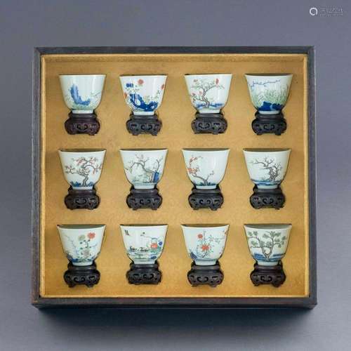 SET OF 12 PCS KANGXI FAMILLE ROSE WINE CUPS IN BOX