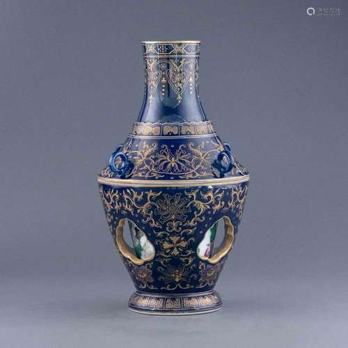 QIANLONG GILT OVER BLUE MONOCHROME ZUN VASE