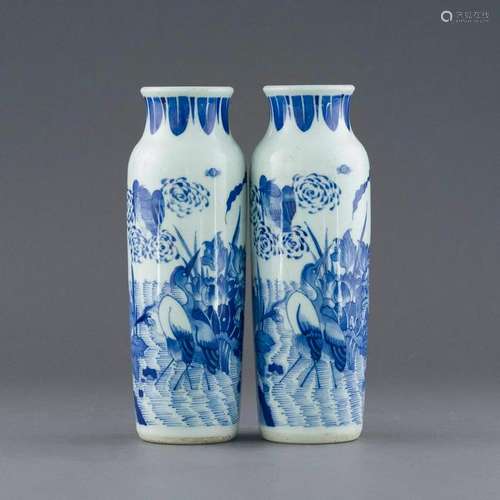 PAIR MING BLUE & WHITE FIGURINES ELEPHANT LEG VASES