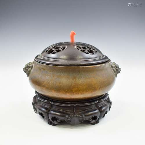 BRONZE COVERED CENSER WITH RED CORAL FINIAL ON STAND