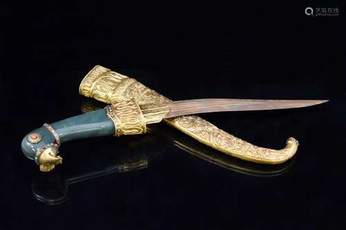 18TH C CHINESE GILT BRONZE & GREEN JADE KNIFE