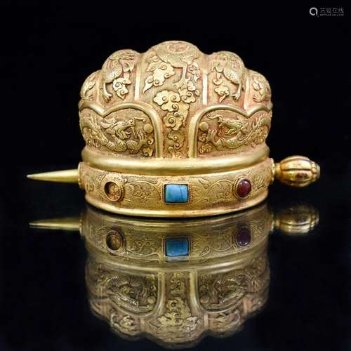 MING CHINESE GILT BRONZE & STONES INLAID HEADDRESS