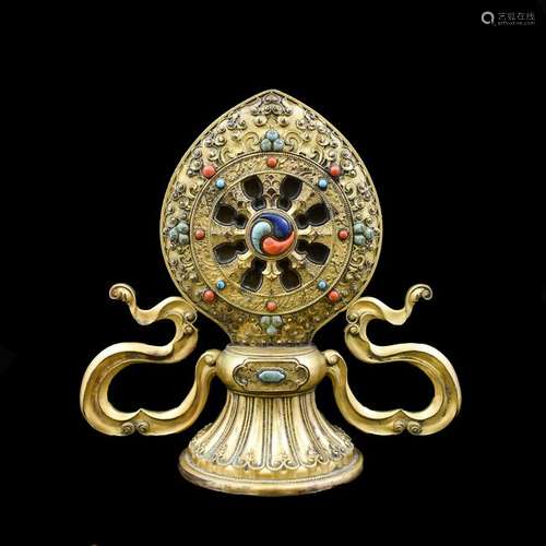 QING GILT BRONZE & STONES INLAID DHARMACAKHRA