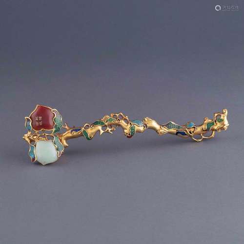 STONES INLAID GILT BRONZE RUYI SCEPTER