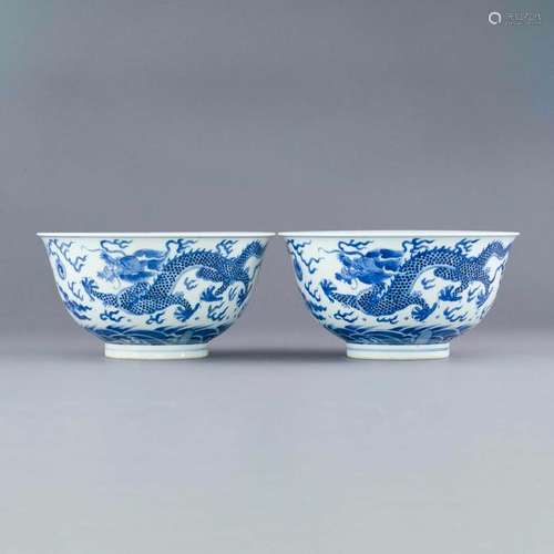 PAIR KANGXI BLUE & WHITE DRAGON BOWLS