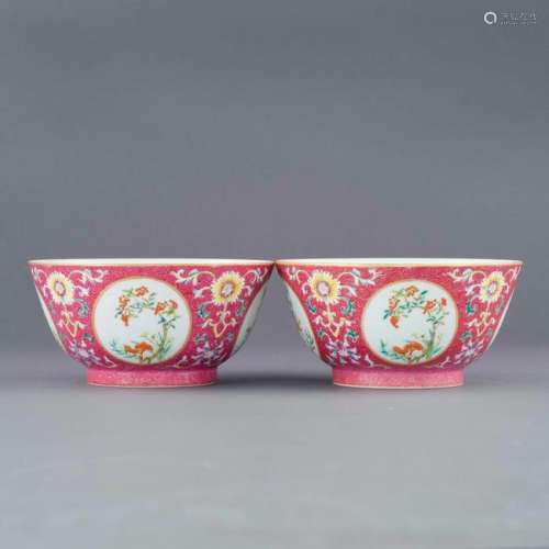 PAIR DAOGUANG OPEN FACE FLORAL RUBY RED BOWLS