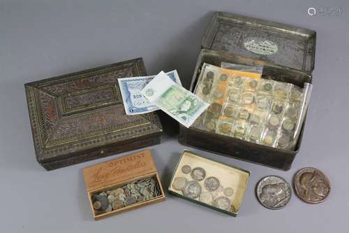 Miscellaneous coins and medallions, including a quantity of all-world, 1920 'Lucky Nickel' Souvenir from Pikespeak, together with some early British silver coins including George IV two shillings, Victorian coronation medallion together with a box of early Roman occupation coins (poor condition) and three coin cases and two Huntley & Palmer biscuit tins