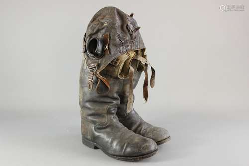 WWII Era RAF Sheepskin Lined Air Boots, size 5 and a leather flying helmet